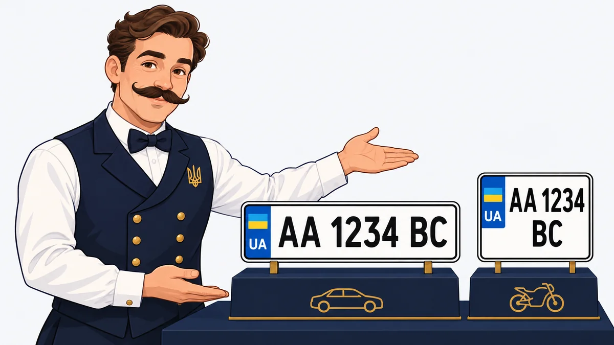 Консьєрж НомерЄ показує довгий автомобільний і дворядний мотоциклетний номерні знаки